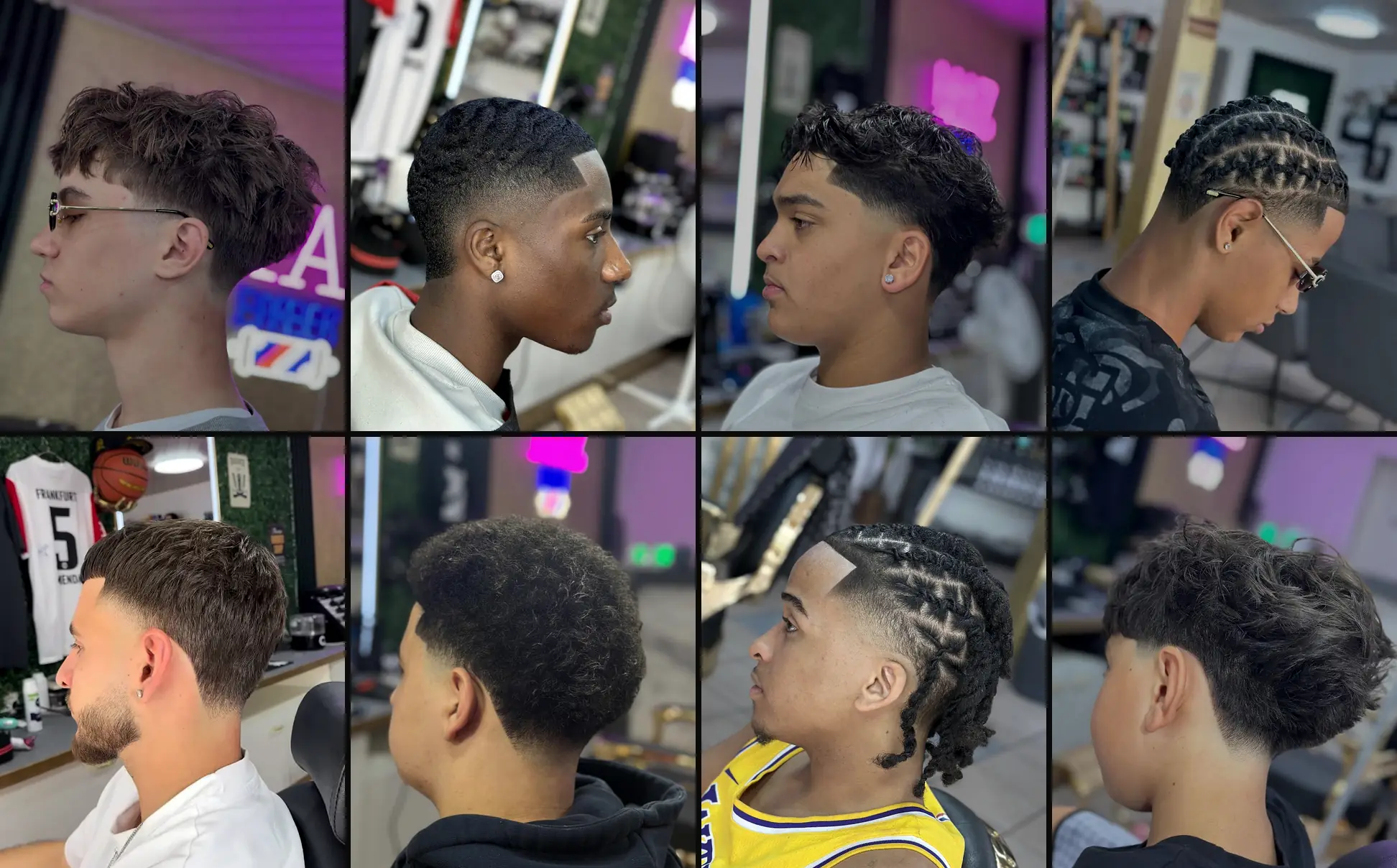 Des clients de Maz Barber après leur coupe : dégradés, tresses, waves, boucles